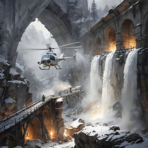 Helikopter vliegt door een smalle kloof