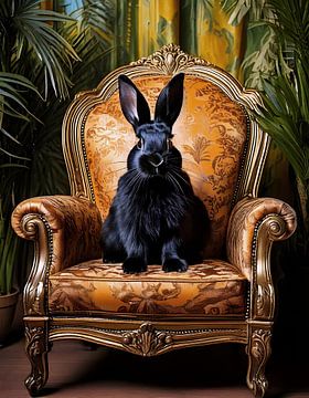 Black rabbit on an art deco armchair by Martine Affre Eisenlohr
