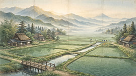 Misty Mountain Valley of Japanese Rice Fields by my pixel art