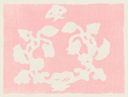 Impression botanique japonaise vintage sur bois en rose et blanc.