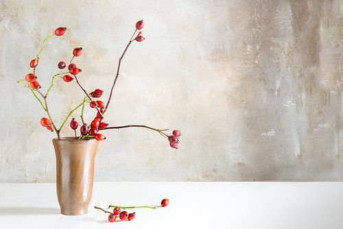 Rosehip branches in a stoneware vase on a white table in front of a vintage wall, natural beautiful 