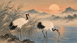 Japan: Kraniche beim Angeln bei Sonnenuntergang von my pixel art
