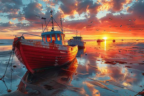 Noordzee Kleurrijke vissersboten bij zonsondergang op het strand
