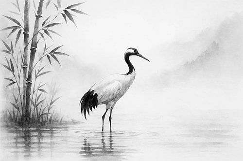 Kraanvogel in de ochtendmist (AI) (bamboe, zwart-wit, Japans, sumi-e, traditioneel, inktkunst, zen, rust, kalmte, sereen, natuur, )