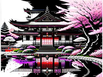 Les secrets du temple entourés de délicates fleurs de cerisier sur ButterflyPix