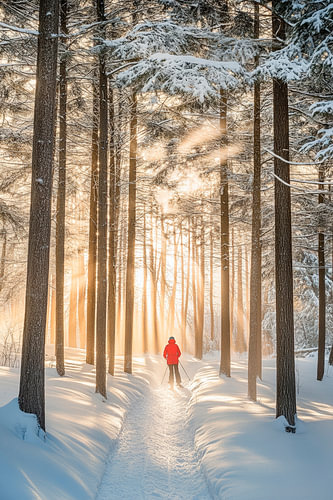 Winterbos met zonnestralen