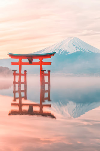 Torii en Fuji in de ochtendmist