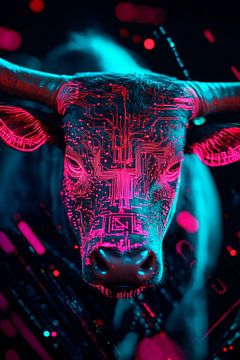 Digitale stierenkop in neonkleuren van Poster Art Shop