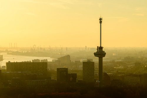 Euromast in Rotterdam tijdens zonsondergang over de Nieuwe Maas