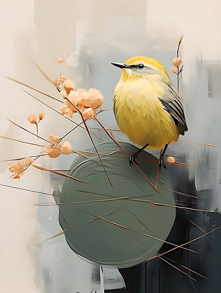 Vogelmalerei mit frühlingshaft grünlich-gelber Farbe von PixelPrestige