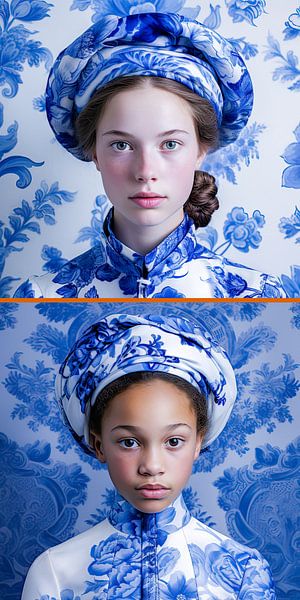 Delft Blue women portrait by Vlindertuin-Art