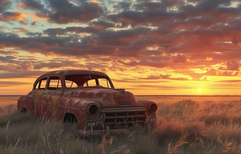 Verloren auto in de zonsondergang van fernlichtsicht