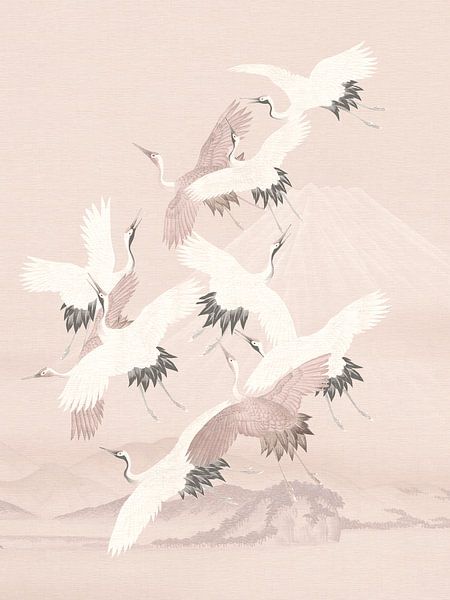 Japanische fliegende Kranichvögel auf nebligen rosa Bergen von Bloomery Decor