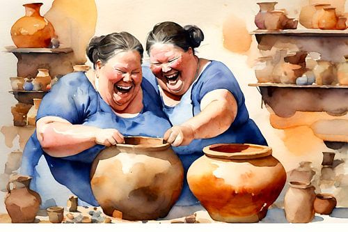 2 sociable ladies have a good laugh at pottery making