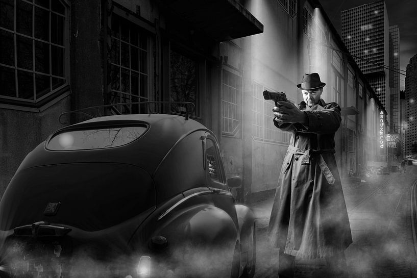 Gangster with classic car in black and white by Bert-Jan de Wagenaar