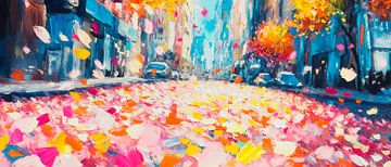 Kleurrijke herfststraat met bloemblaadjes van Poster Art Shop
