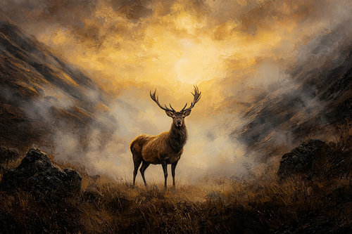 Hirsch in einer stürmischen Berglandschaft mit goldenem Licht