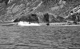 Norway by the fjord, spray on the rocks. Water splashes against the stones. Coastal landscape. by Martin Köbsch