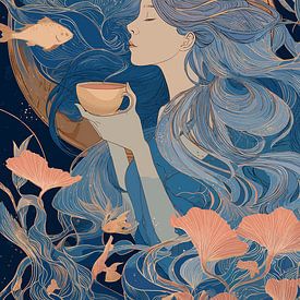 Sirène avec thé, entourée de poissons sur Pixelbull Design