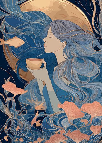 Zeemeermin met thee, omringd door vissen