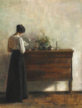 Interior with the artist's wife standing at a chest of drawers reading, Carl Holsøe