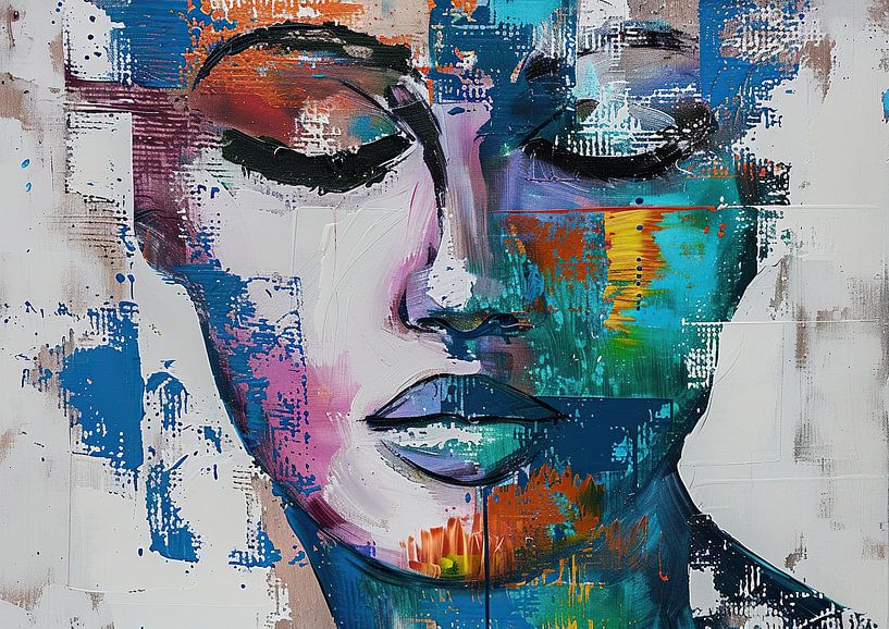 Frau mit Farbe | Abstraktes Portrait mit Farben von Blickfänger Gemälde