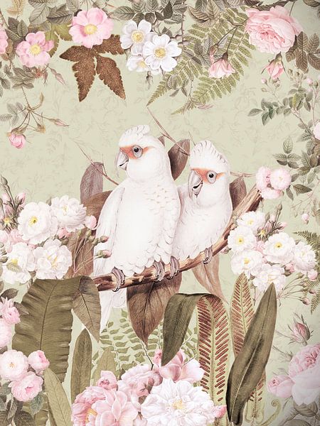 Exotische Vintage-Kakadus in einem schönen Redouté Rosen Dschungel 1 von Floral Abstractions