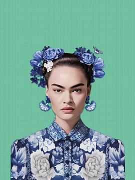 Frida in Delfts blauw op jade groene achtergrond, moderne variatie op iconisch portret van Mijke Konijn