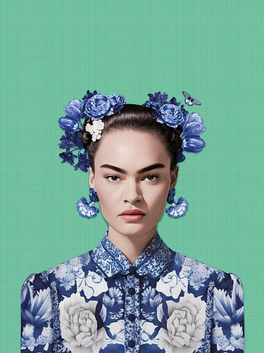 Frida in Delfts blauw op jade groene achtergrond, moderne variatie op iconisch portret
