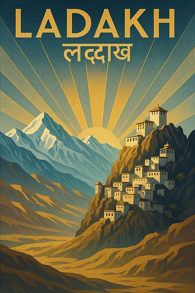 Ladakh Vintage Travel Poster – Thiksey Monastery &amp; Himalayan Landscape by Travel Shop