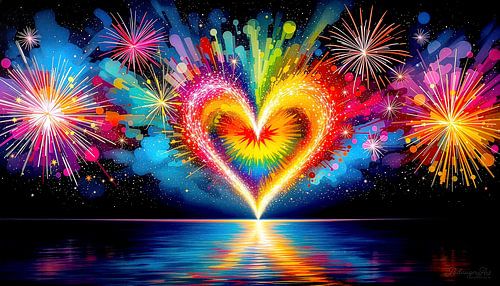 Vuurwerk van kleur op oudejaarsavond: een pulserend hart tussen kosmische schittering, sprankelende nacht en stille reflectie op een spiegelende zee.