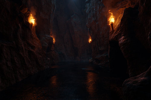 A passage through a dark cave lit by burning torches