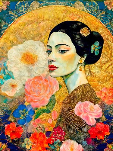 Kleurrijk portret van een klassieke vrouw met bloemen