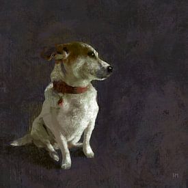 Amy, painting of a Jack Russell Terrier in blue and white by Hella Maas