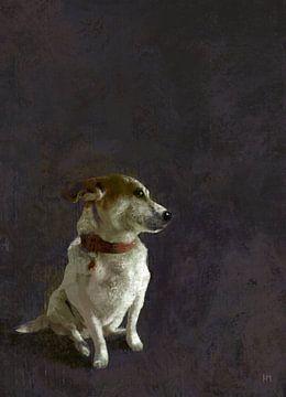 Amy, schilderij van een Jack Russell Terrier in blauw en wit van Hella Maas