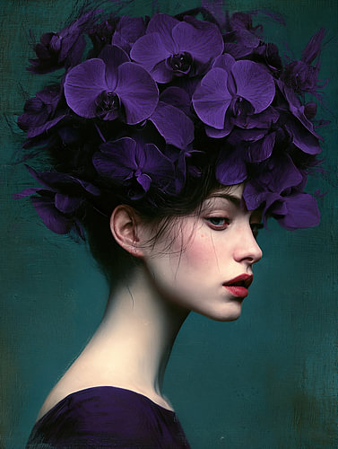 Amethyst Profile – Modern Fine Art Portrait with a Deep Purple Wreath in Three-Quarter Profile