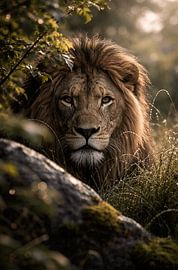 Lion dans la douce lumière du matin – portrait paisible d'un animal sauvage au milieu de la verdure