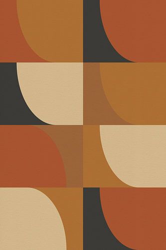 Geometrische retro kunst. Abstracte vormen in oker, gebrand oranje, bruin.