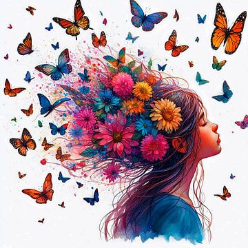 Bloemenmeisje met vlinders. van Ineke de Rijk