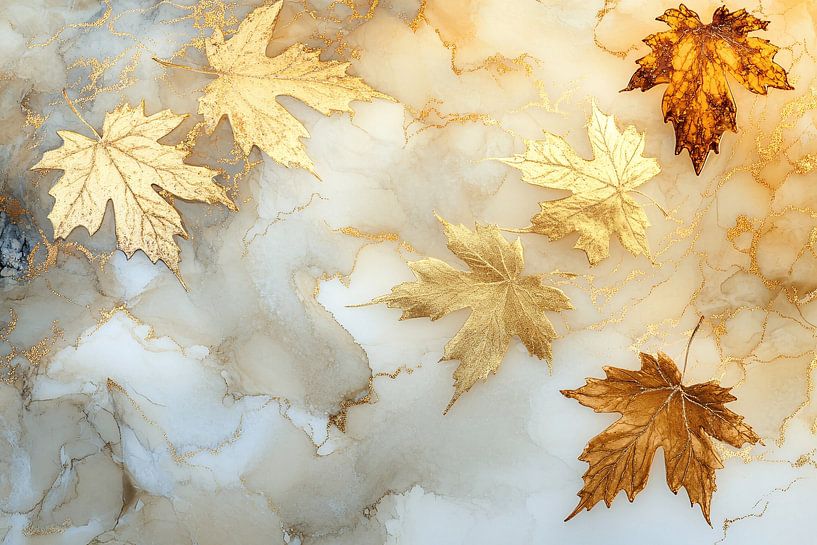 Golden autumn leaves on marble by Imperial Art House