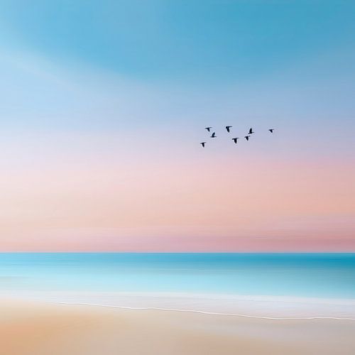 Plage et mer - Banc d'oiseaux en pastel-square