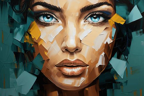 Modernes und abstraktes Porträt in Blau und Gelb