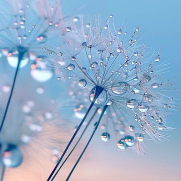 Dauwdruppels op dandelions van Koffie Zwart