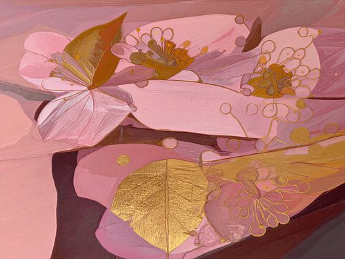 Botanisch minimalisme: Abstracte bloesem in roze en goud