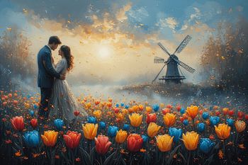 Romantic Couple in Tulip Field at Sunset