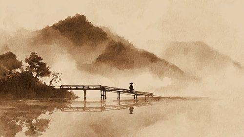 Japanische Landschaftsmalerei mit Brücke und Bergen