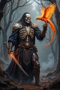 Dark Fantasy Wandbild: PYRONYX – Ein Reaper Krieger mit einem kleinen Phönix auf der Hand