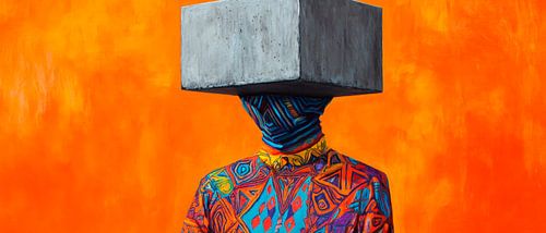 Figure créative avec tête de bloc devant un jeu de couleurs