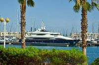 Un grand yacht bleu et blanc est amarré entre deux palmiers verts dans le port d'Alicante, sous un c