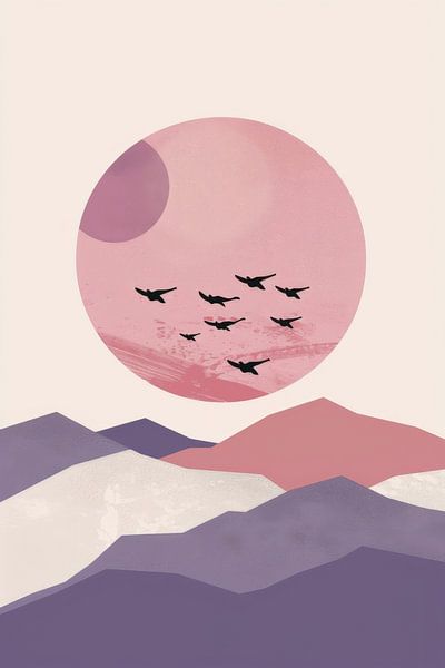 Roze zonsondergang met vogels van Poster Art Shop